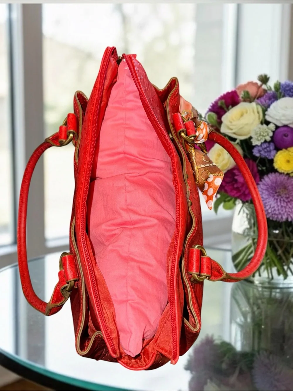 Bueno Red Ostrich Embossed Satchel Handbag with Scarf Accent